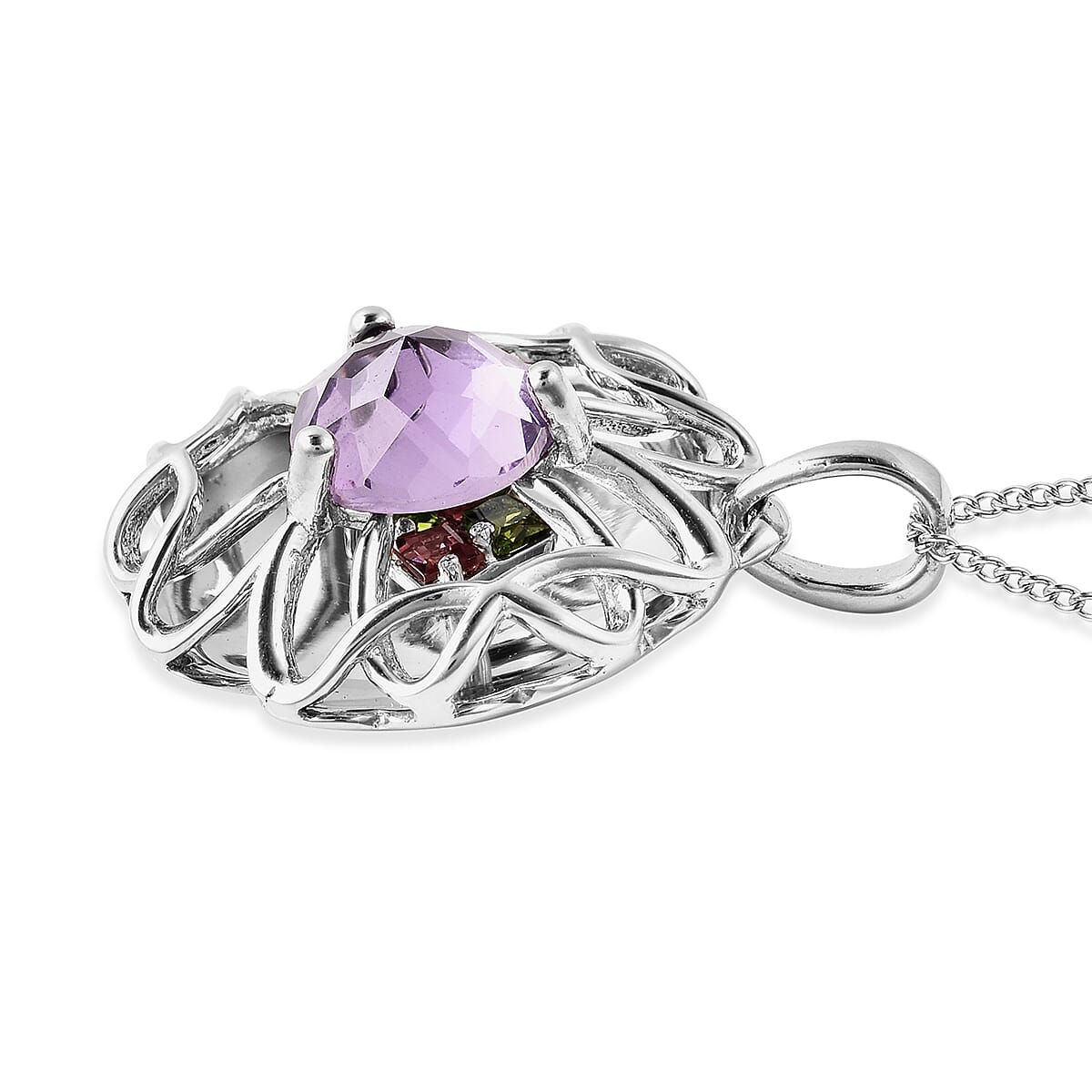 Galatea DavinChi Cut Collection Amethyst and Multi Gemstone Pendant Necklace 18 Inches in Rhodium Over Sterling Silver 1.65 ctw