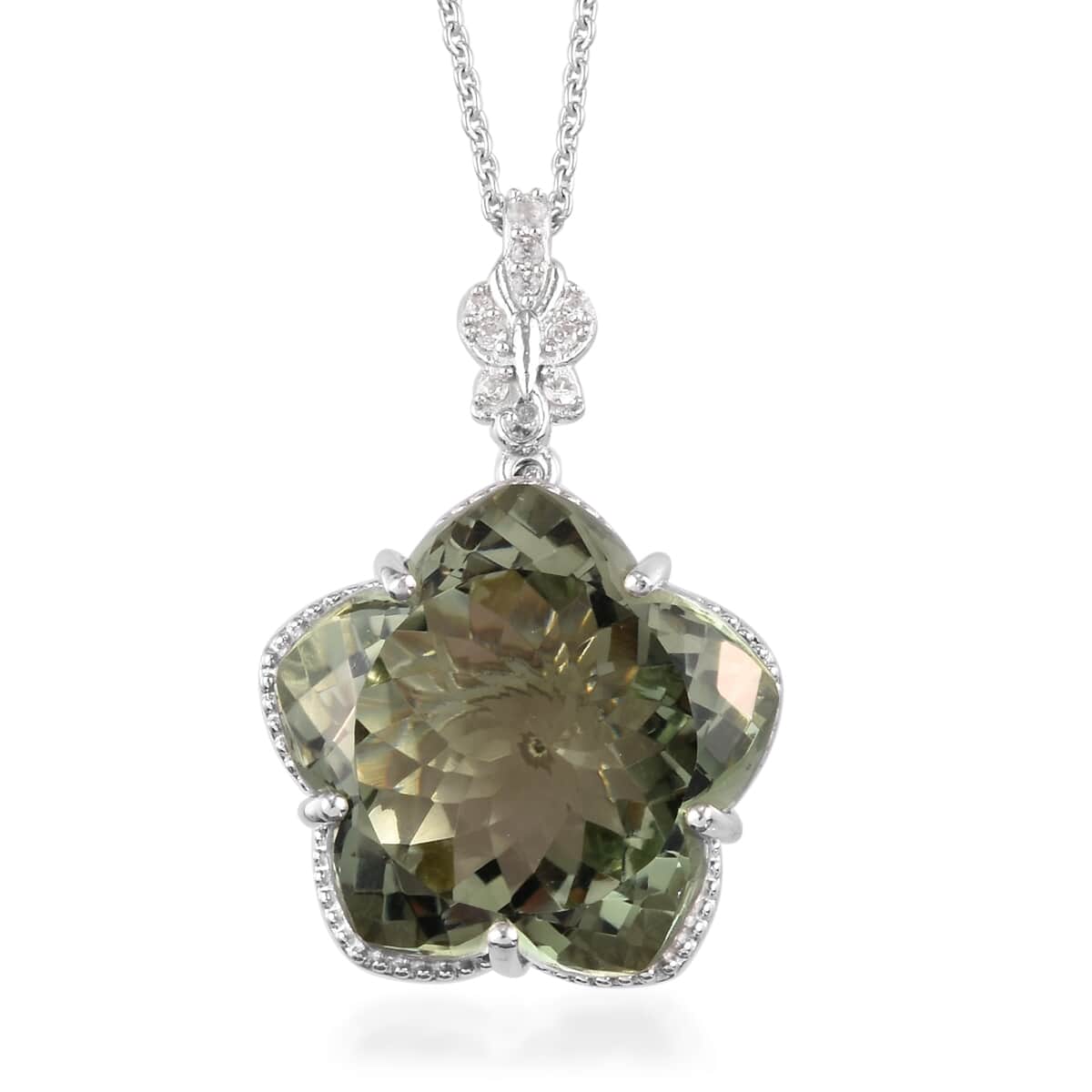 Montezuma Prasiolite and Natural White Zircon Flower Pendant Necklace 20 Inches in Platinum Over Sterling Silver 10 Grams 30.80 ctw image number 0