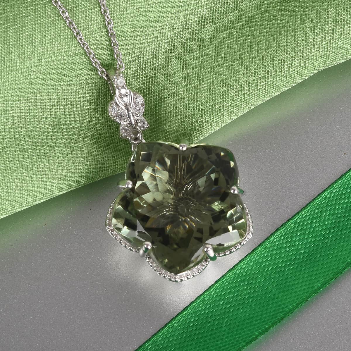 Montezuma Prasiolite and Natural White Zircon Flower Pendant Necklace 20 Inches in Platinum Over Sterling Silver 10 Grams 30.80 ctw image number 1