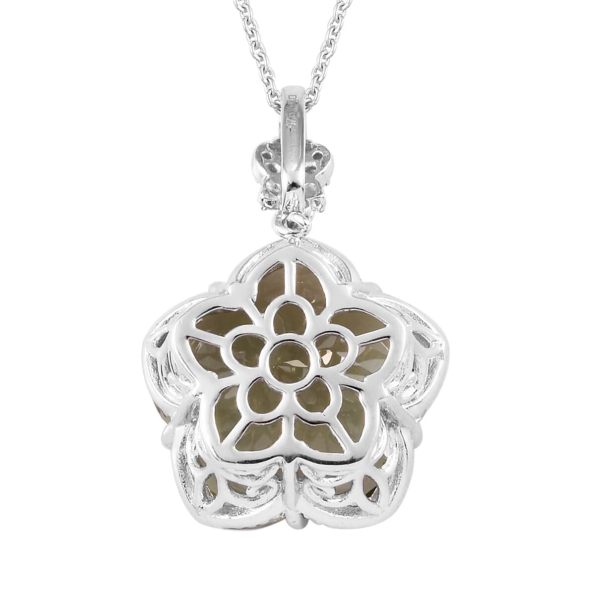 Montezuma Prasiolite and Natural White Zircon Flower Pendant Necklace 20 Inches in Platinum Over Sterling Silver 10 Grams 30.80 ctw image number 4