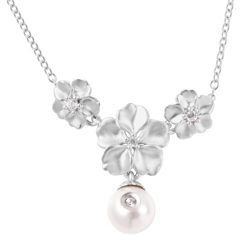 Galatea Gemstone in a Pearl Collection Freshwater Pearl and White Zircon Necklace 18 Inches in Rhodium Over Sterling Silver