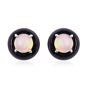 Ethiopian Welo Opal and Black Jade (D) Stud Earring in Rhodium Over Sterling Silver 11.50 ctw