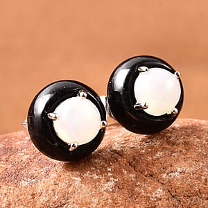 Ethiopian Welo Opal and Black Jade (D) Stud Earring in Rhodium Over Sterling Silver 11.50 ctw