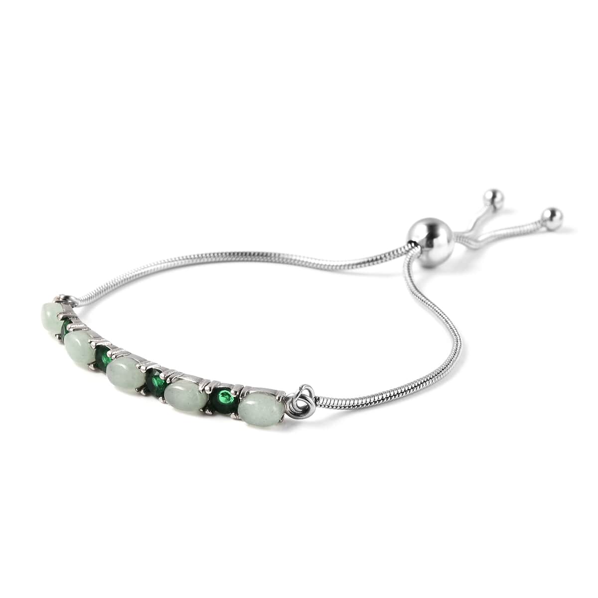 Green Aventurine and Simulated Green Diamond Bolo Bracelet in Stainless Steel 5.60 ctw image number 2