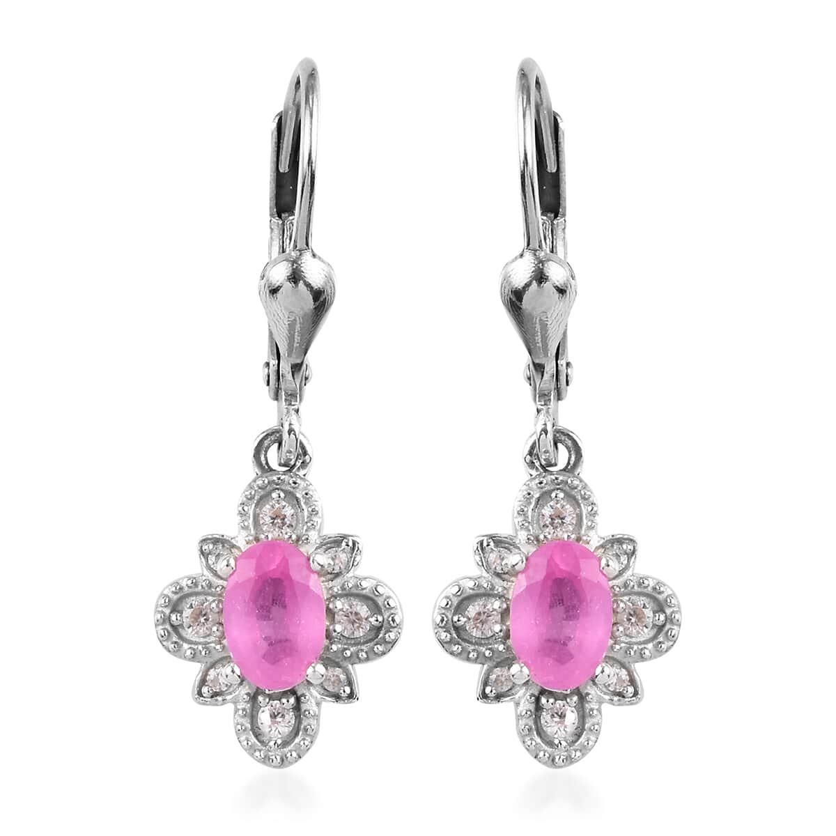 Ilakaka Hot Pink Sapphire and Natural White Zircon Earrings in Platinum Over Sterling Silver 1.65 ctw image number 0