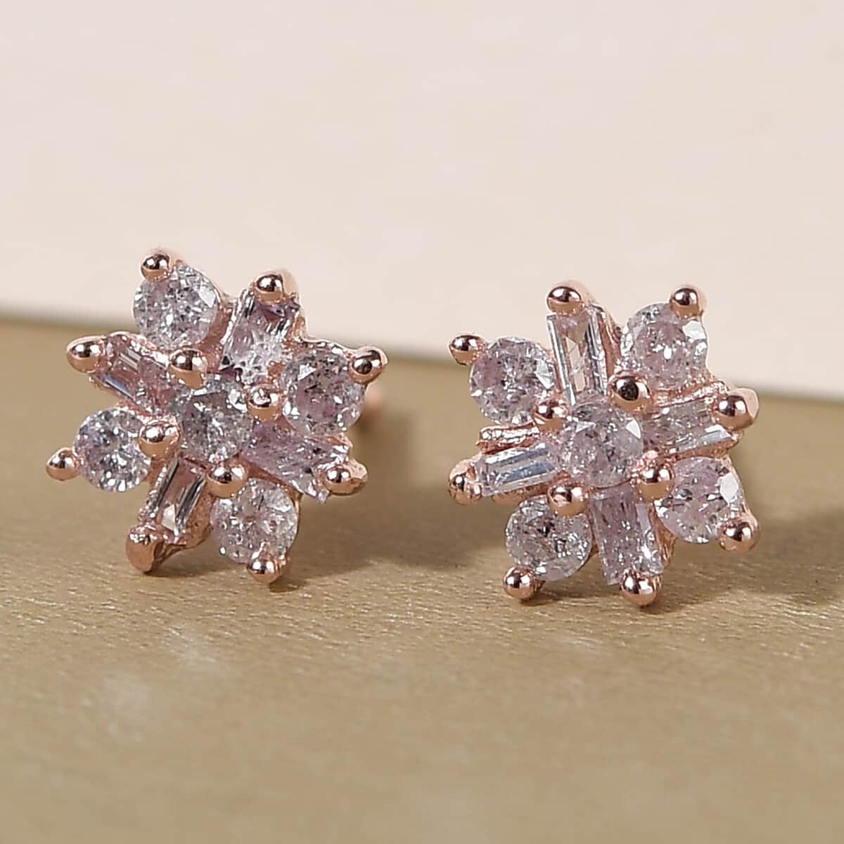 Natural Pink Diamond I2 Floral Stud Earrings in Vermeil Rose Gold Over Sterling Silver 0.25 ctw image number 1