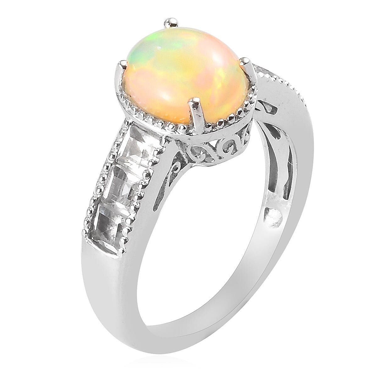 Ethiopian Welo Opal and White Topaz Ring in Platinum Over Sterling Silver (Size 8) 4.70 ctw image number 1