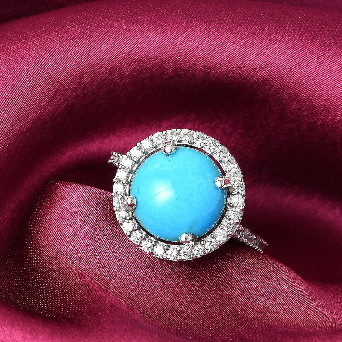 AMERICAN Natural Sleeping Beauty Turquoise and Zircon Ring in Platinum Over Sterling Silver (Size 7.0) 7.40 ctw image number 1