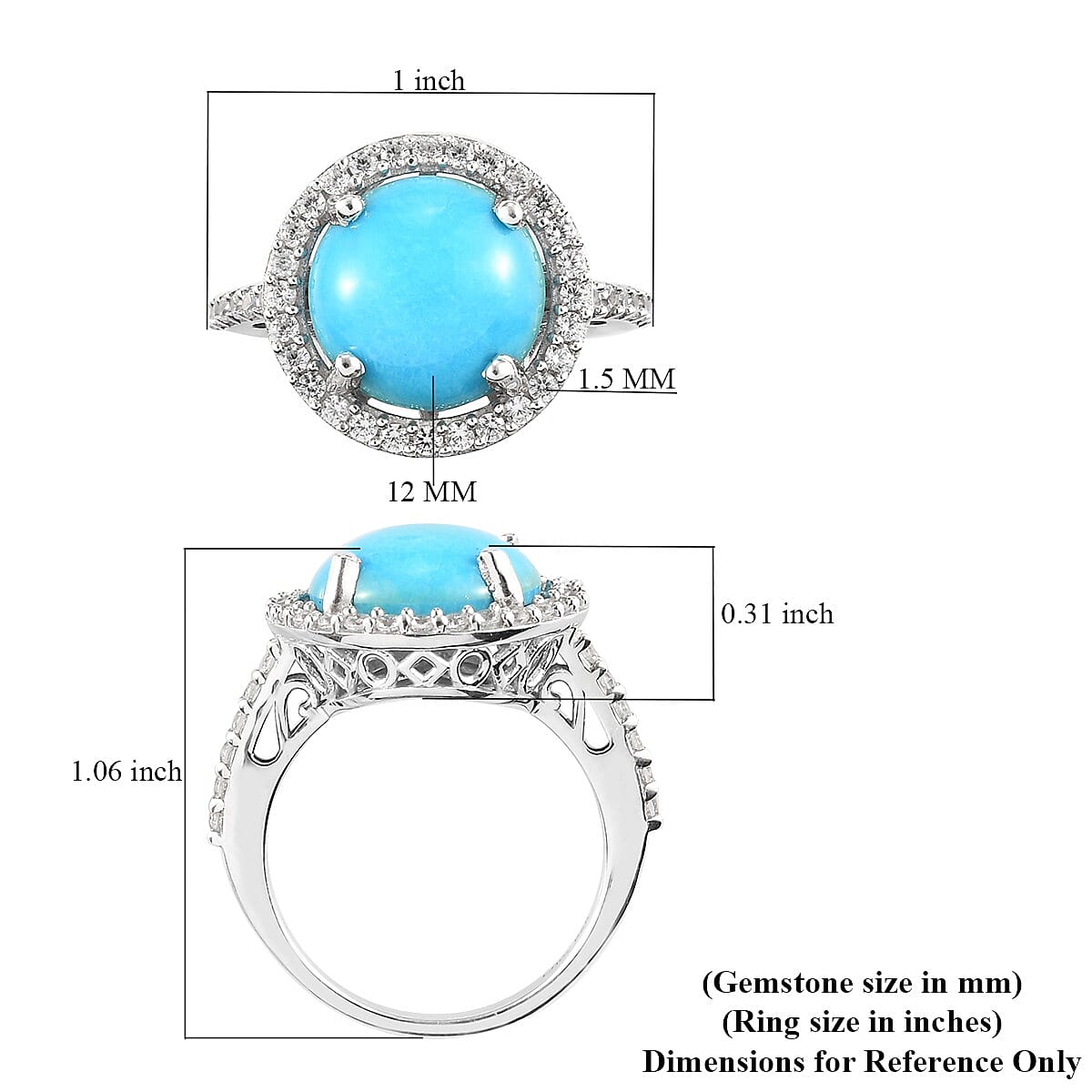 AMERICAN Natural Sleeping Beauty Turquoise and Zircon Ring in Platinum Over Sterling Silver (Size 7.0) 7.40 ctw image number 5