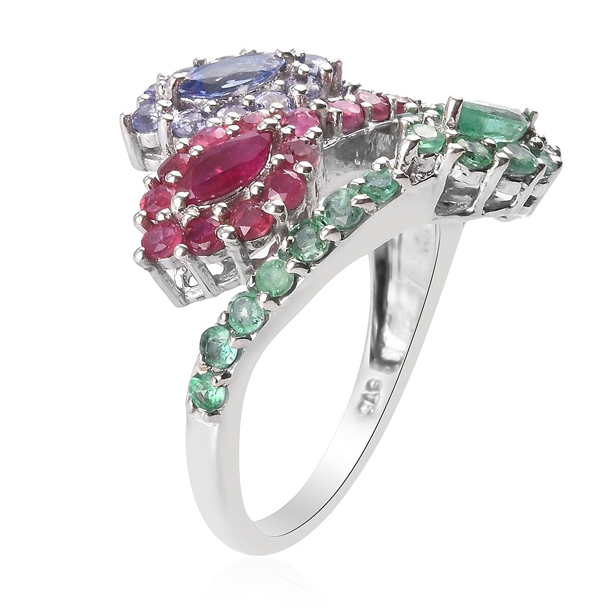 Multi Gemstone Bypass Leaf Ring in Platinum Over Sterling Silver (Size 9) 4.80 ctw image number 1