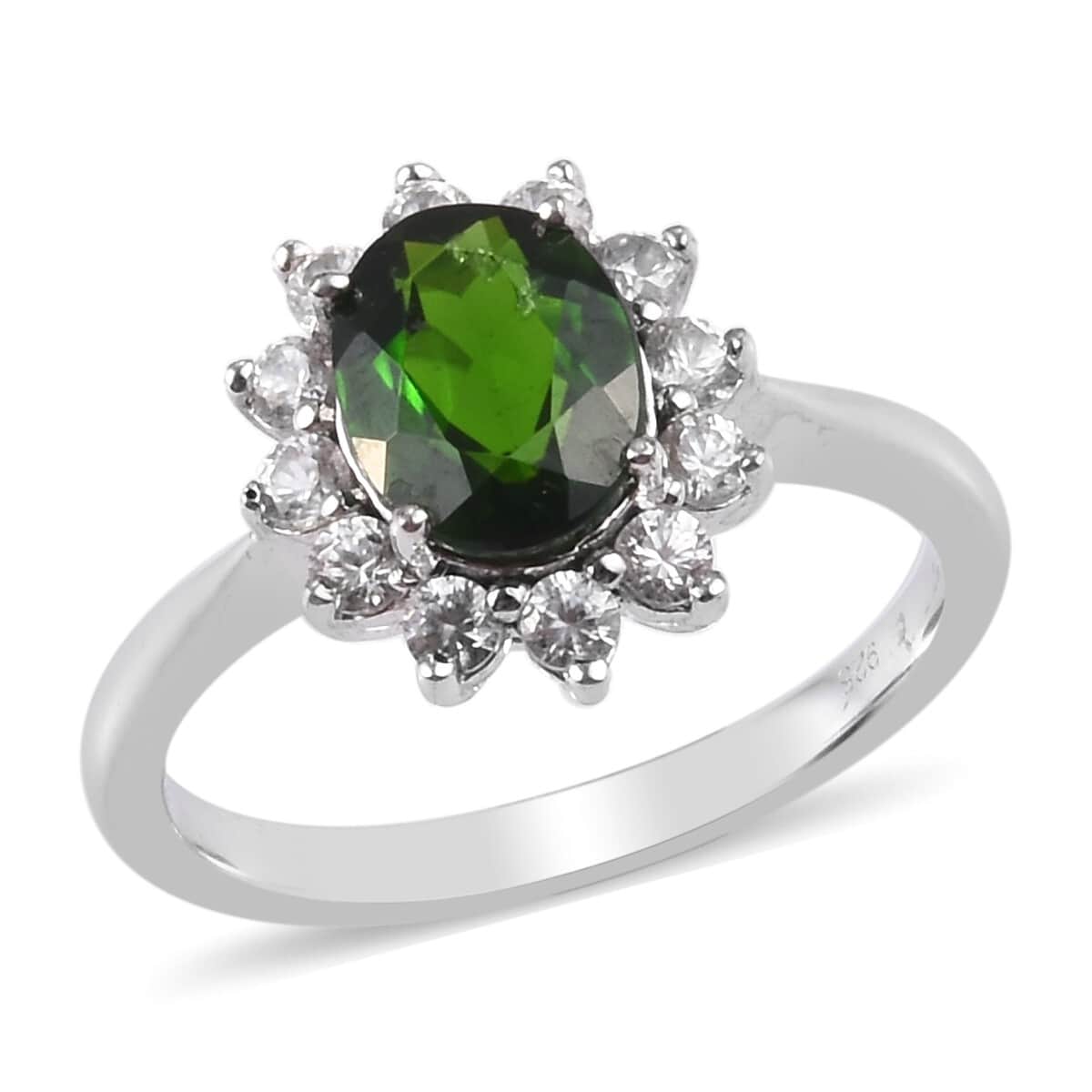 Natural Chrome Diopside and Natural White Zircon Ring in Platinum Over Sterling Silver (Size 6.0) 1.60 ctw image number 0