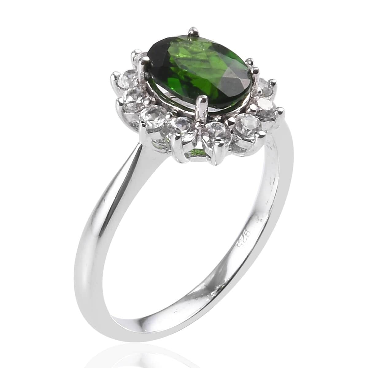 Natural Chrome Diopside and Natural White Zircon Ring in Platinum Over Sterling Silver (Size 6.0) 1.60 ctw image number 1