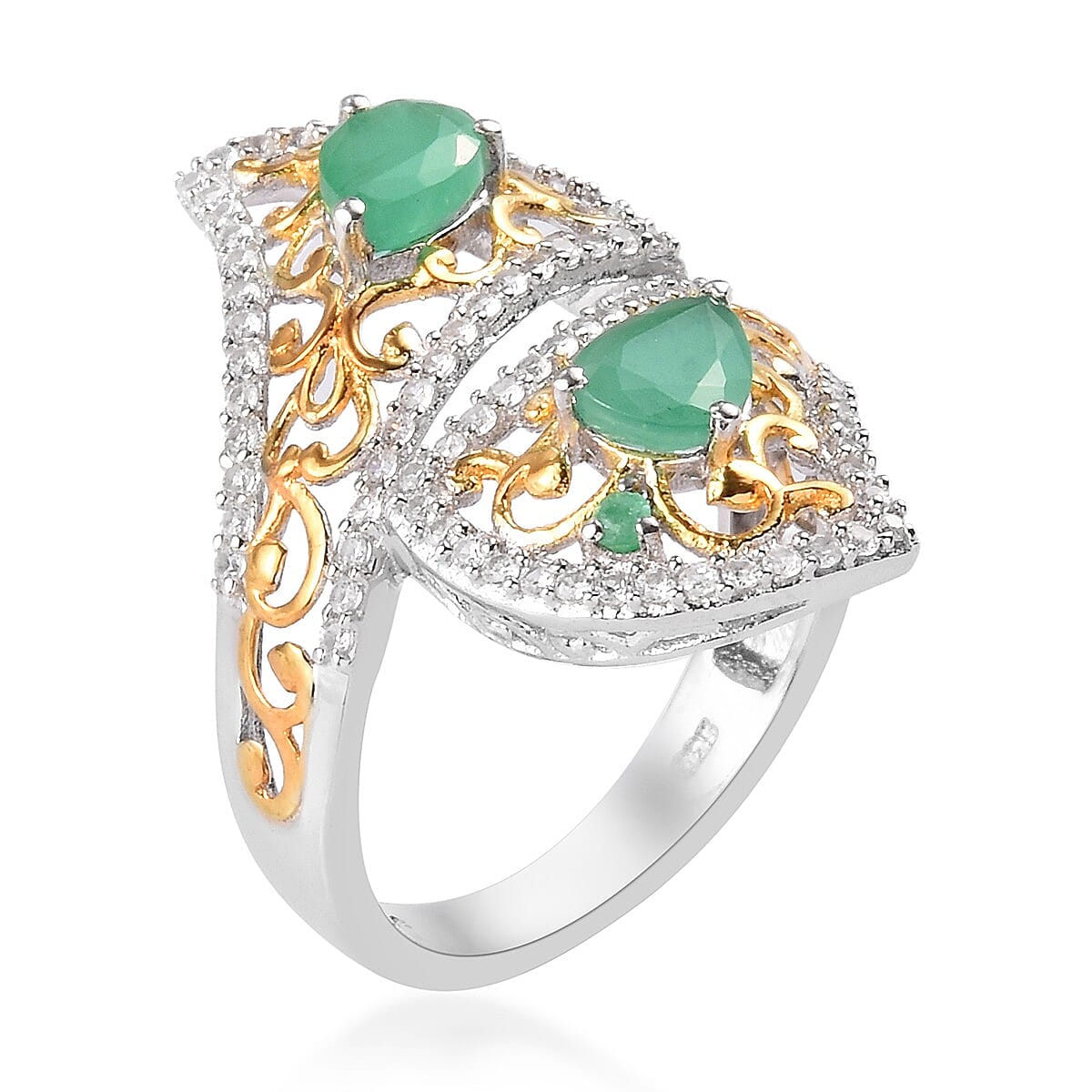 Emerald and Zircon Bypass Ring in 14K Yellow Gold and Platinum Over Sterling Silver (Size 8.0) 2.10 ctw image number 1