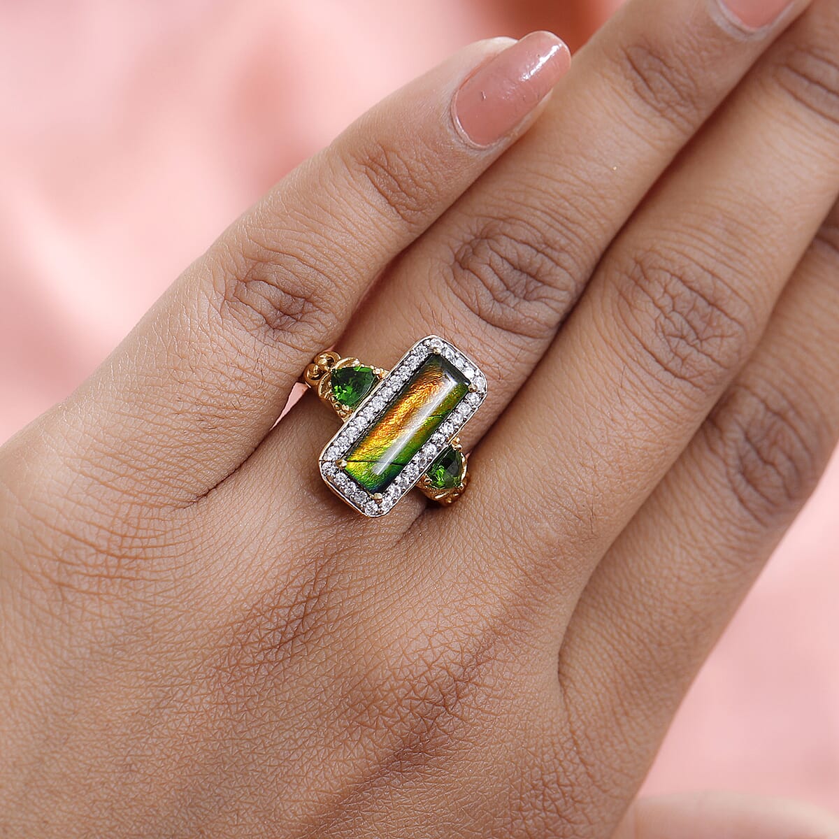 Canadian Ammolite and Multi Gemstone Ring in Vermeil YG Over Sterling Silver 1.00 ctw image number 2