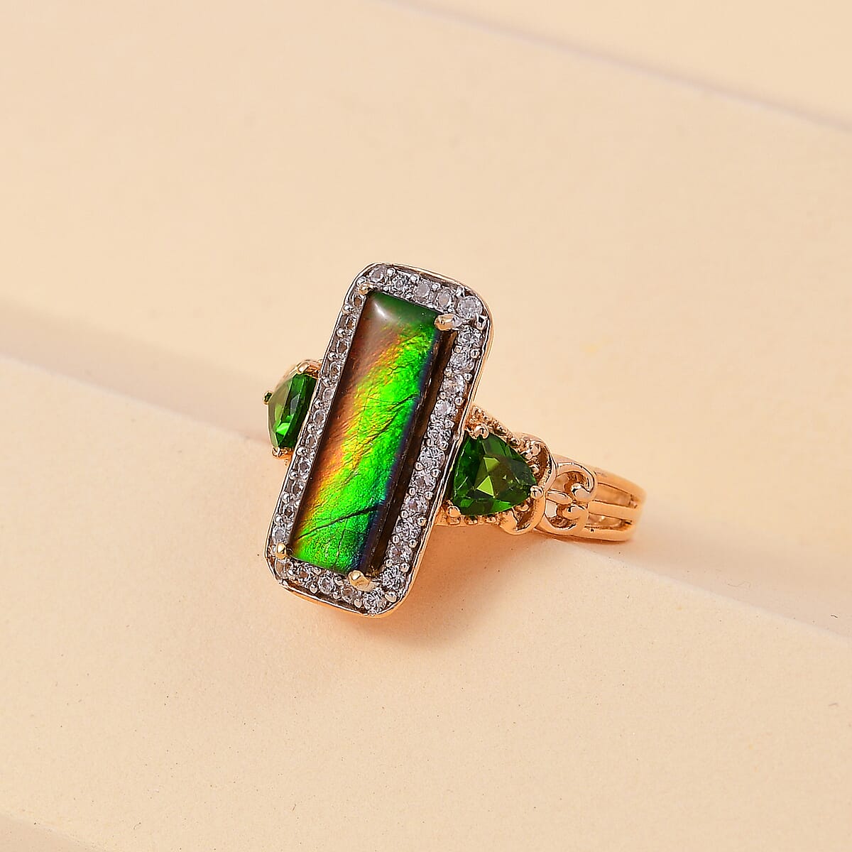 Canadian Ammolite and Multi Gemstone Elongated Ring in Vermeil Yellow Gold Over Sterling Silver (Size 7.0) 1.00 ctw image number 1