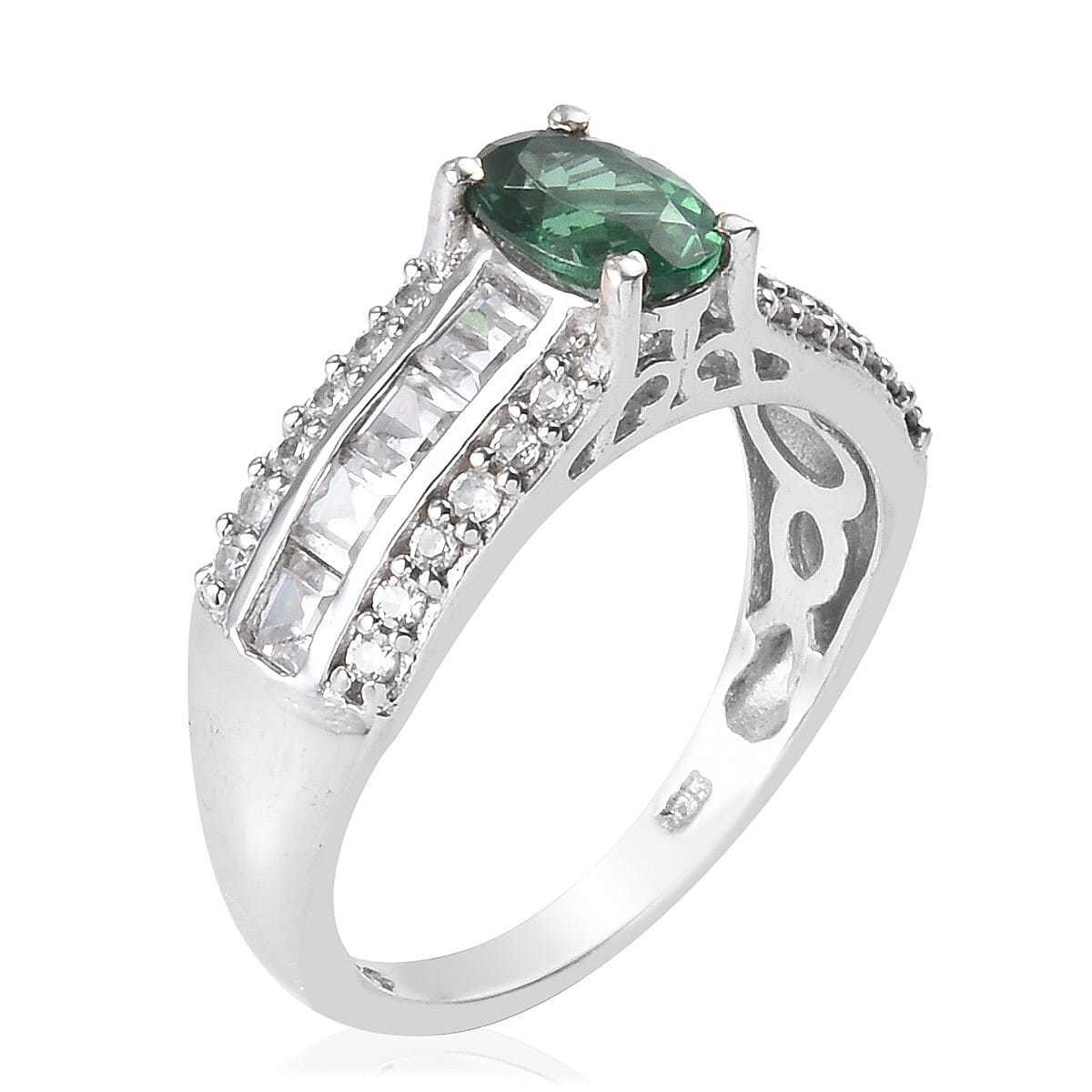 Emerald and Zircon Ring in Platinum Over Sterling Silver (Size 7) 3.75 ctw image number 1