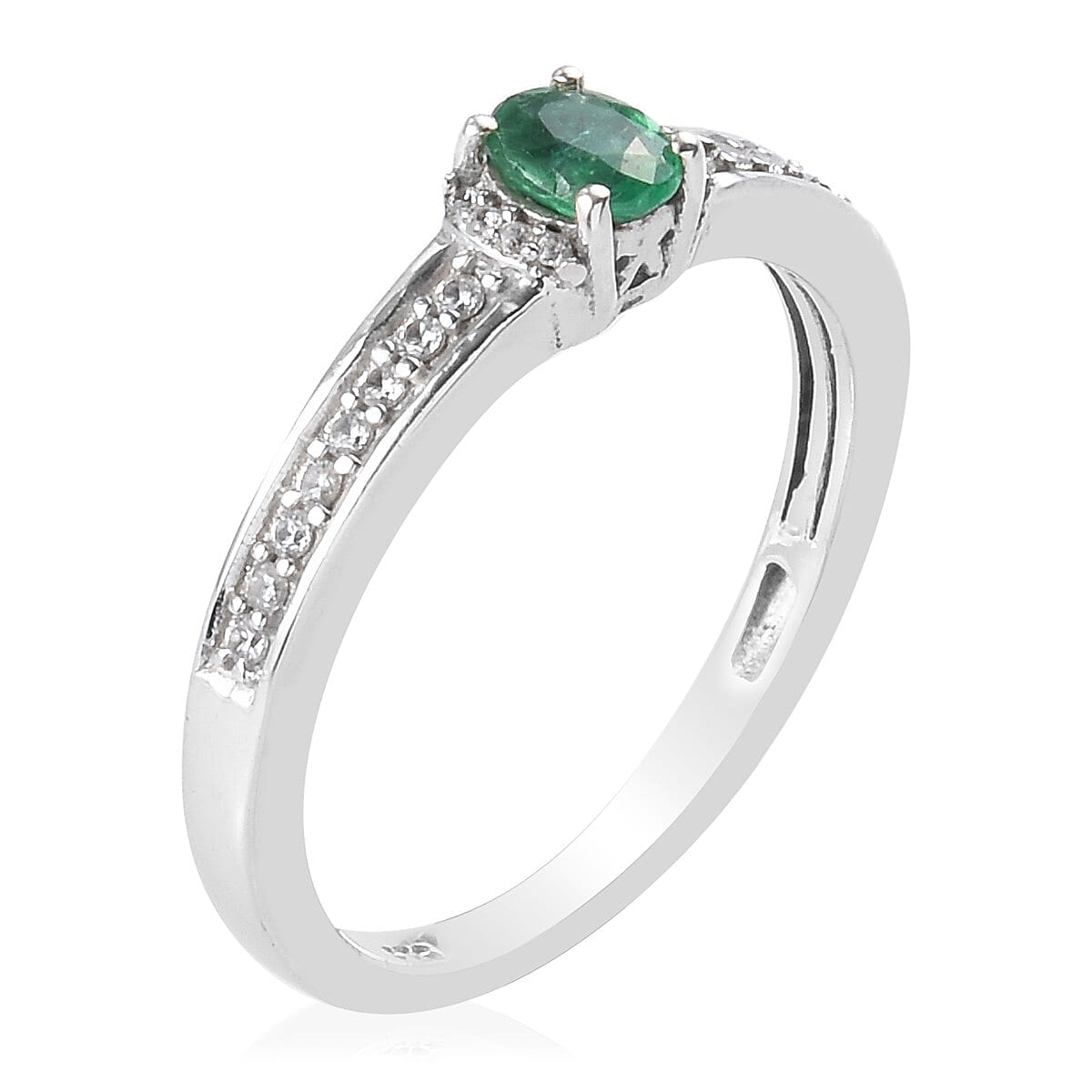 Emerald and Zircon Ring in Platinum Over Sterling Silver (Size 9.0) 1.15 ctw image number 1