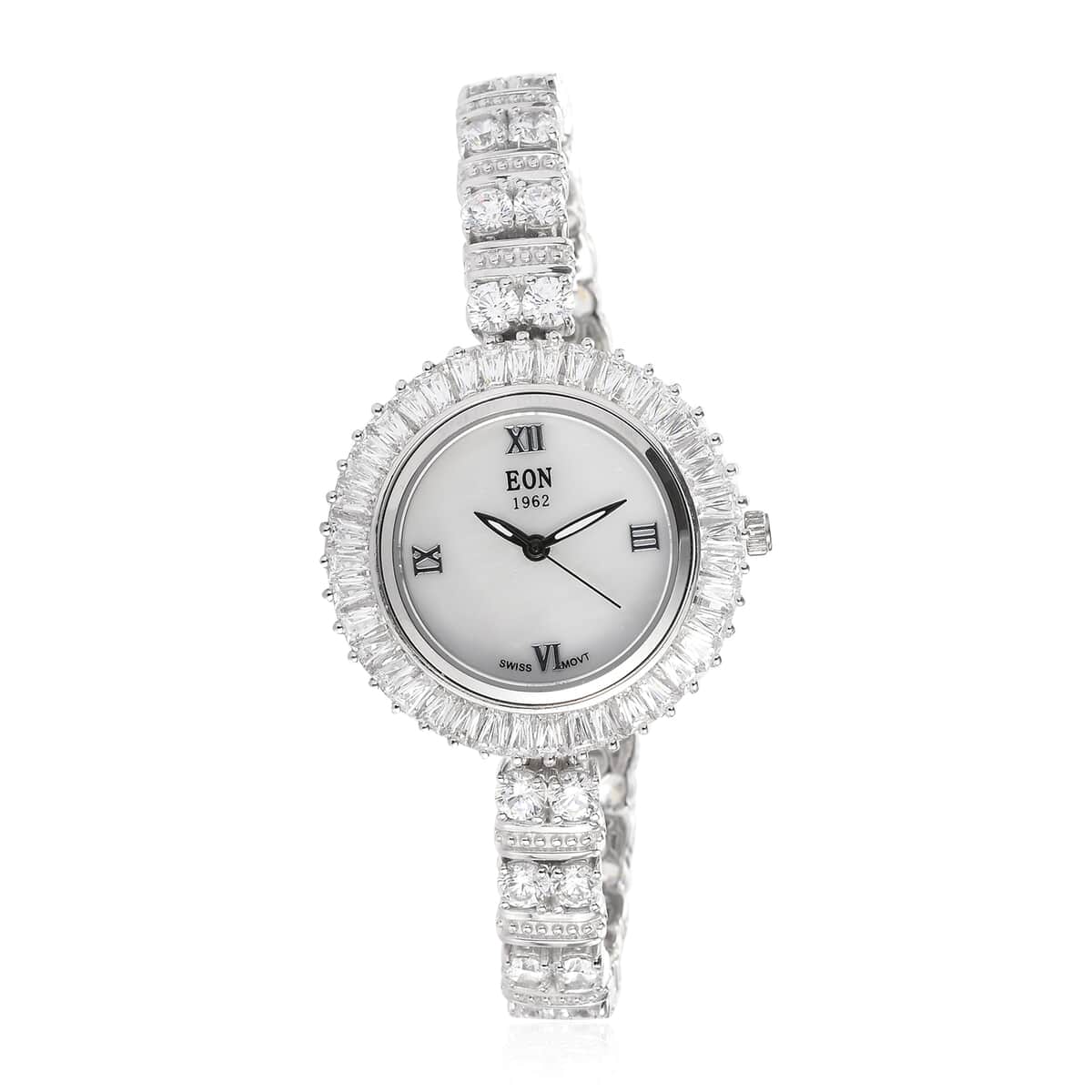 EON 1962 Made with Finest CZ Swiss Movement Platinum Over Sterling Silver Bracelet Watch (7.25 In) 27 Grams 24.80 ctw image number 0