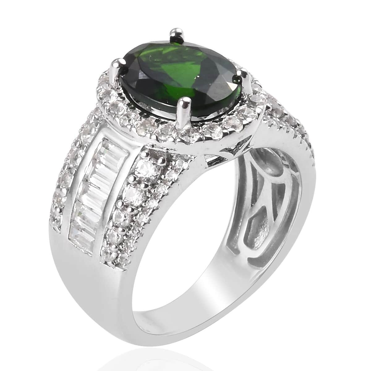 Chrome Diopside and Zircon Ring in Platinum Over Sterling Silver (Size 6.0) 5.30 ctw image number 1