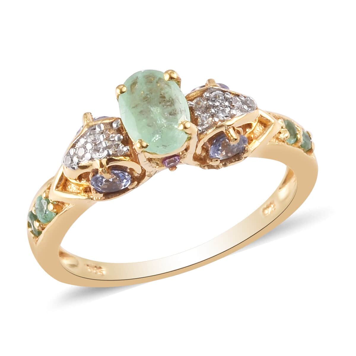 Emerald and Multi Gemstone Ring in 14K Yellow Gold Over Sterling Silver (Size 9.0) 1.10 ctw image number 0