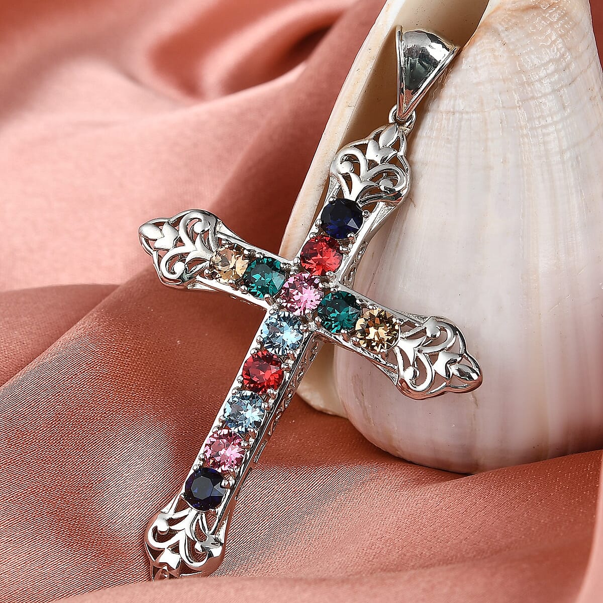 KARIS Rose Crystal Cross Pendant in Platinum Bond image number 1