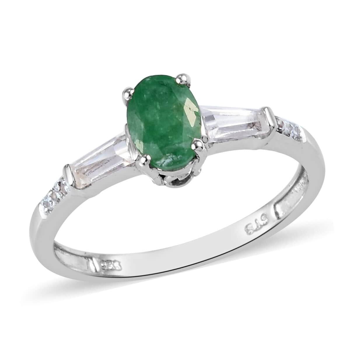 Emerald and Zircon Ring in Platinum Over Sterling Silver (Size 8.0) 1.80 ctw image number 0