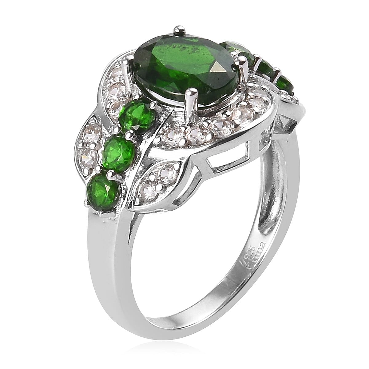 Chrome Diopside and Zircon Ring in Platinum Over Sterling Silver (Size 7.0) 3.65 ctw image number 1