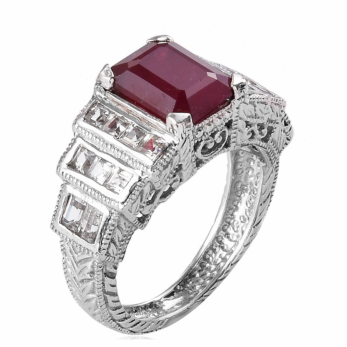 Niassa Ruby (FF) and White Zircon Ring in Platinum Over Sterling Silver (Size 7.0) 4.50 ctw image number 1