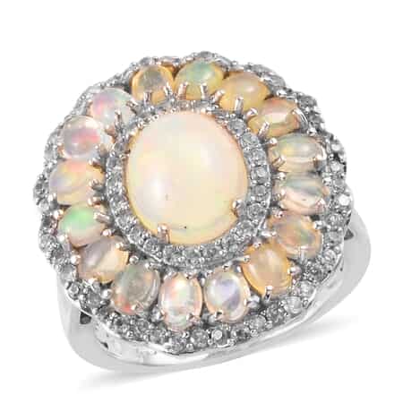 Ethiopian Welo Opal and Zircon Ring in Platinum Over Sterling Silver (Size 8.0) 8.30 ctw image number 0