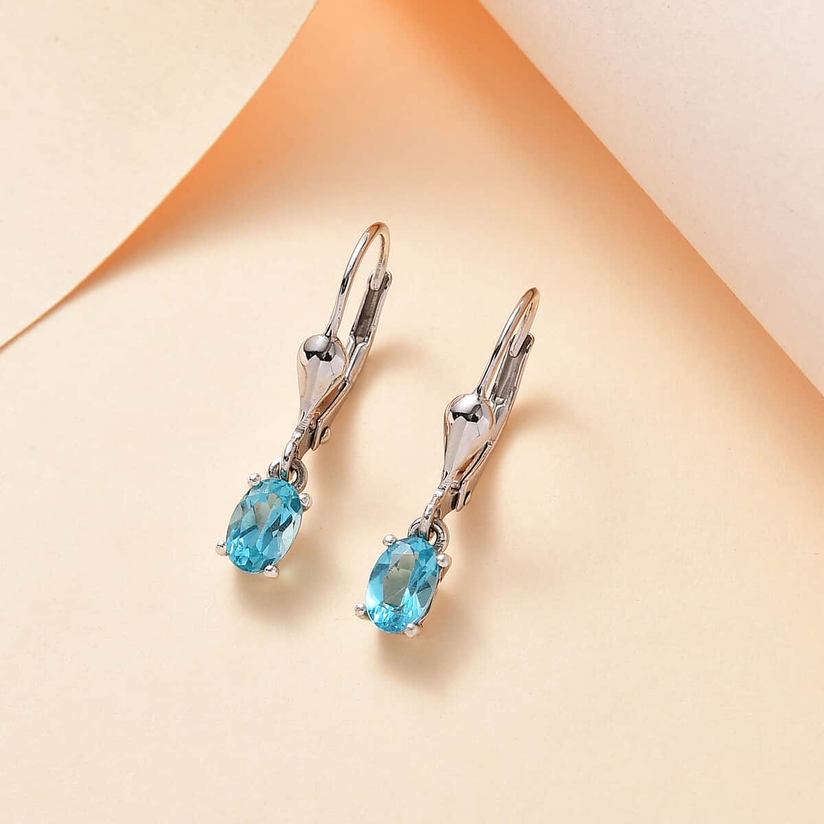 Premium Madagascar Paraiba Apatite Solitaire Lever Back Earrings in Platinum Over Sterling Silver 1.00 ctw image number 1