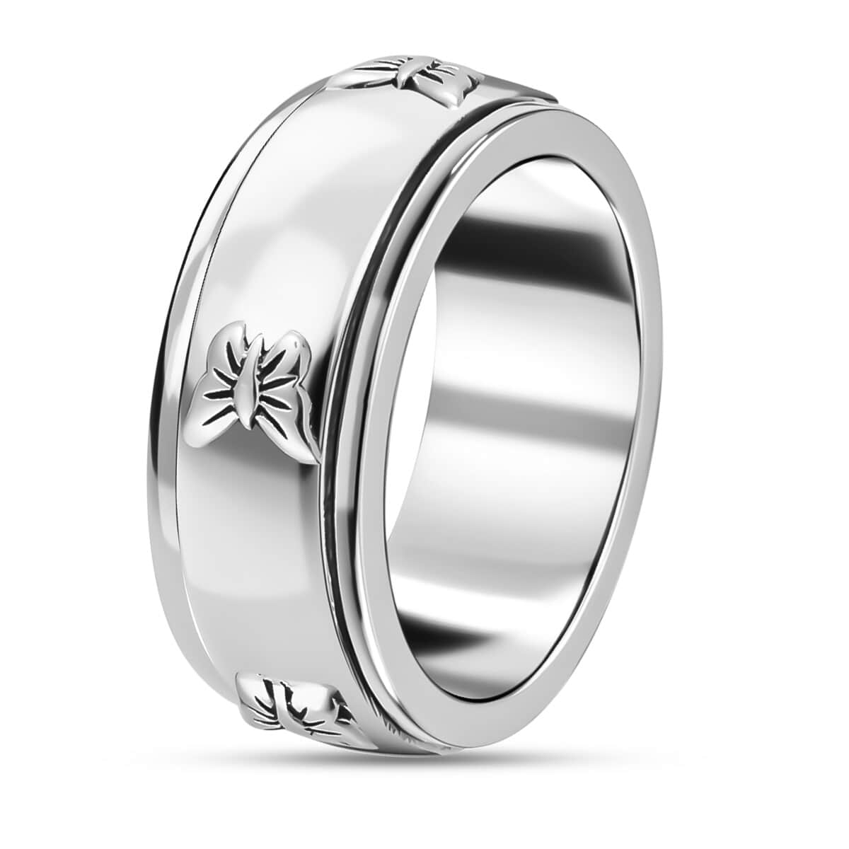 Butterfly Embossed Spinner Band Spinner Ring in Sterling Silver, Fidget Rings for Anxiety, Stress Relieving Anxiety Ring, Wedding Band, Promise Rings 5.15 g (Size 10.0) image number 3