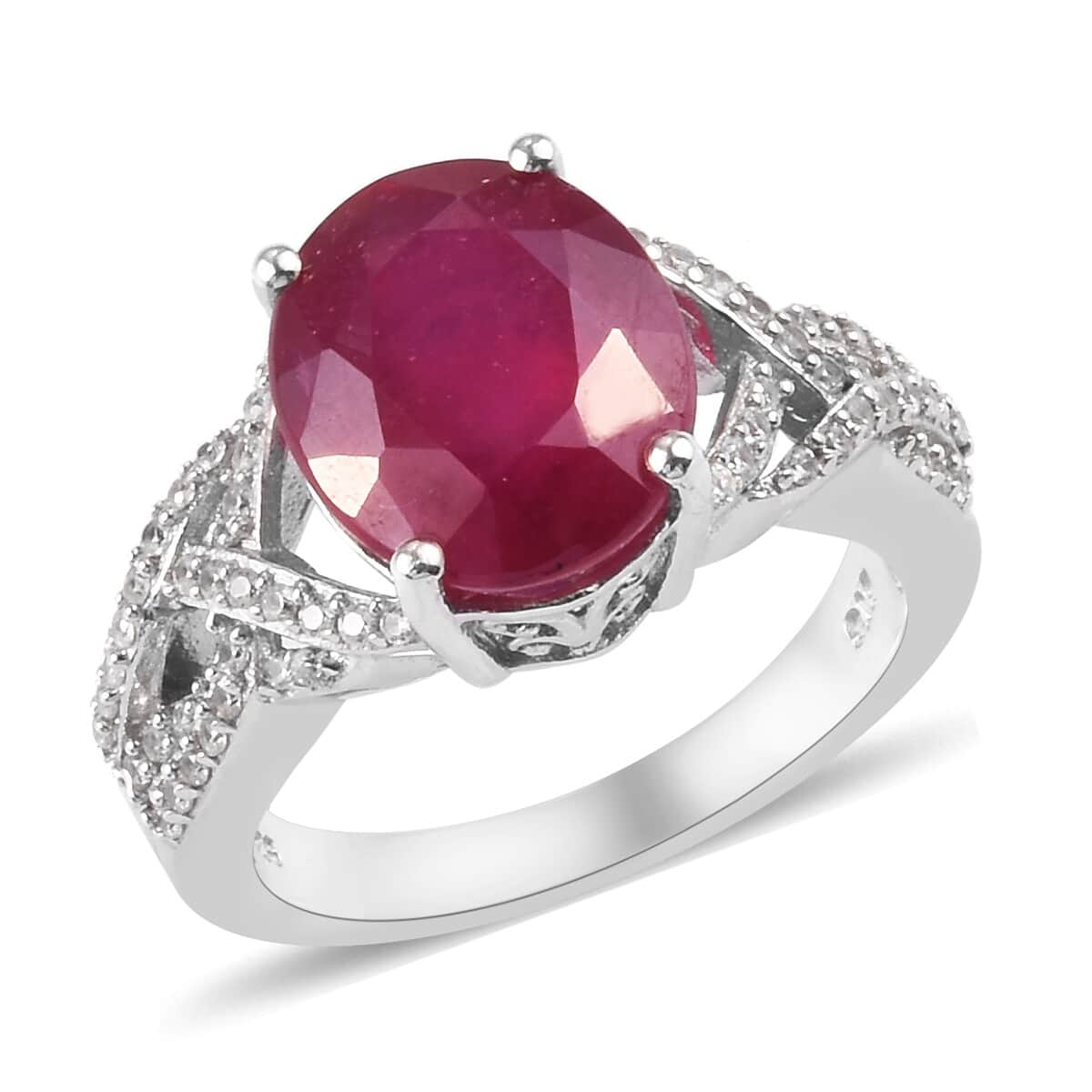 Niassa Ruby (FF) and White Zircon Ring in Platinum Over Sterling Silver (Size 7.0) 7.15 ctw image number 0