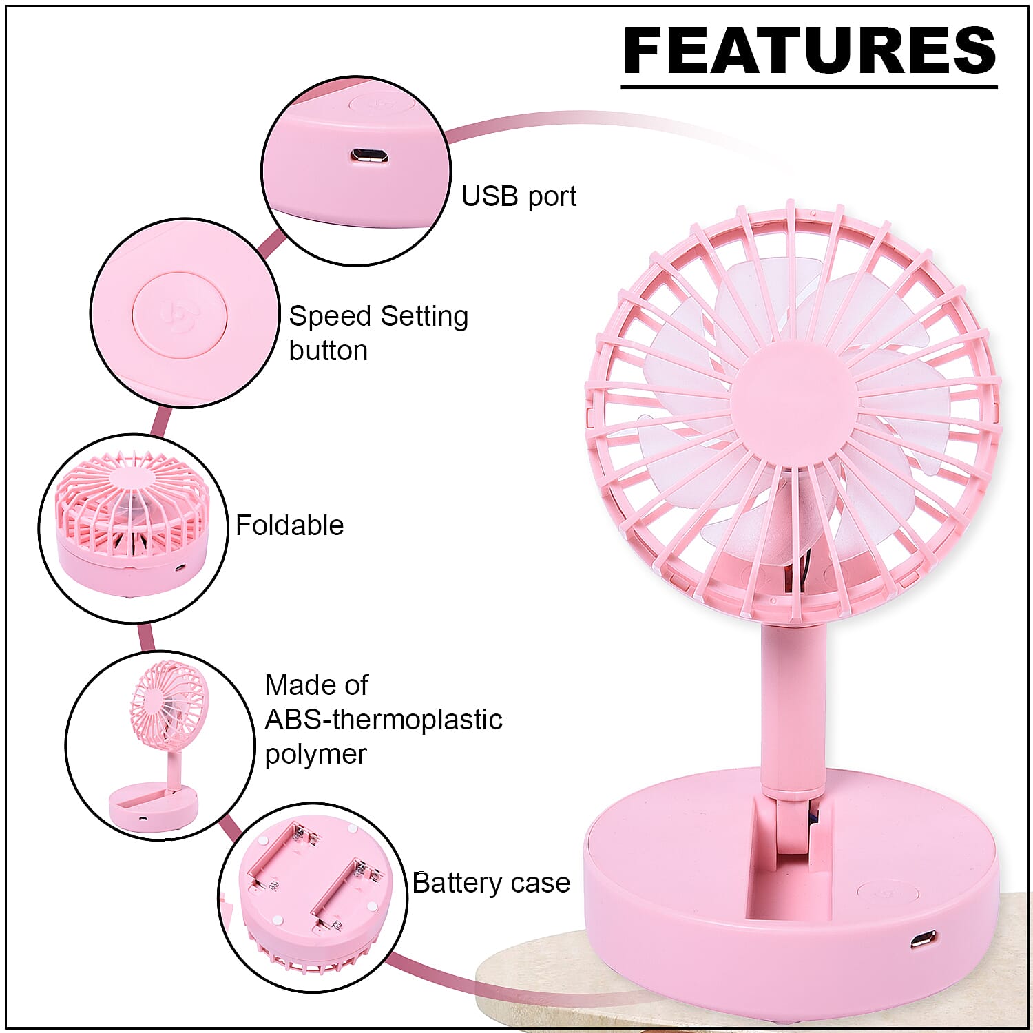 Pink Foldable Mini Fan (4xAAA Not Included)