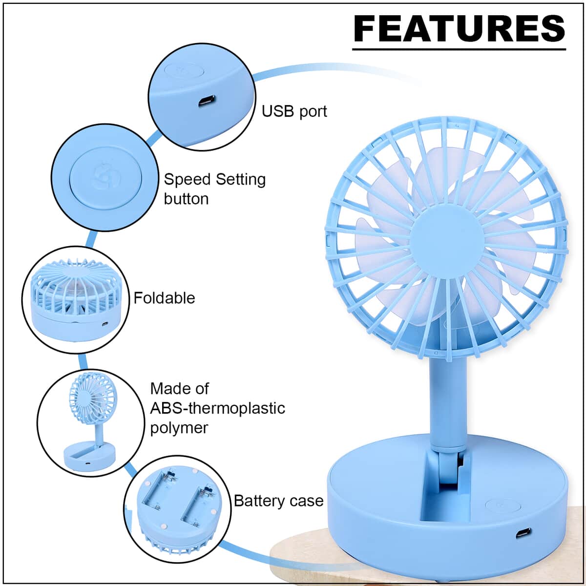 Blue Foldable Mini Fan, Portable Fan (4xAAA Not Included) image number 2