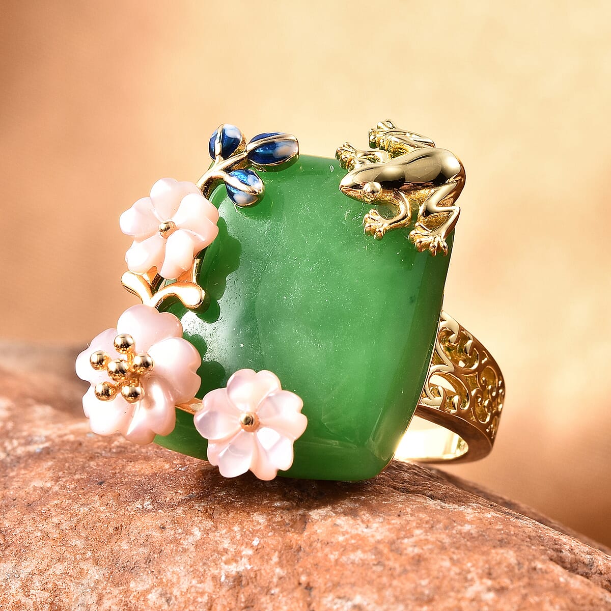 JARDIN COLLECTION Green Jade and Mother of Pearl Flower Ring in Vermeil Yellow Gold Over Sterling Silver (Size 10.0) 26.35 ctw image number 1