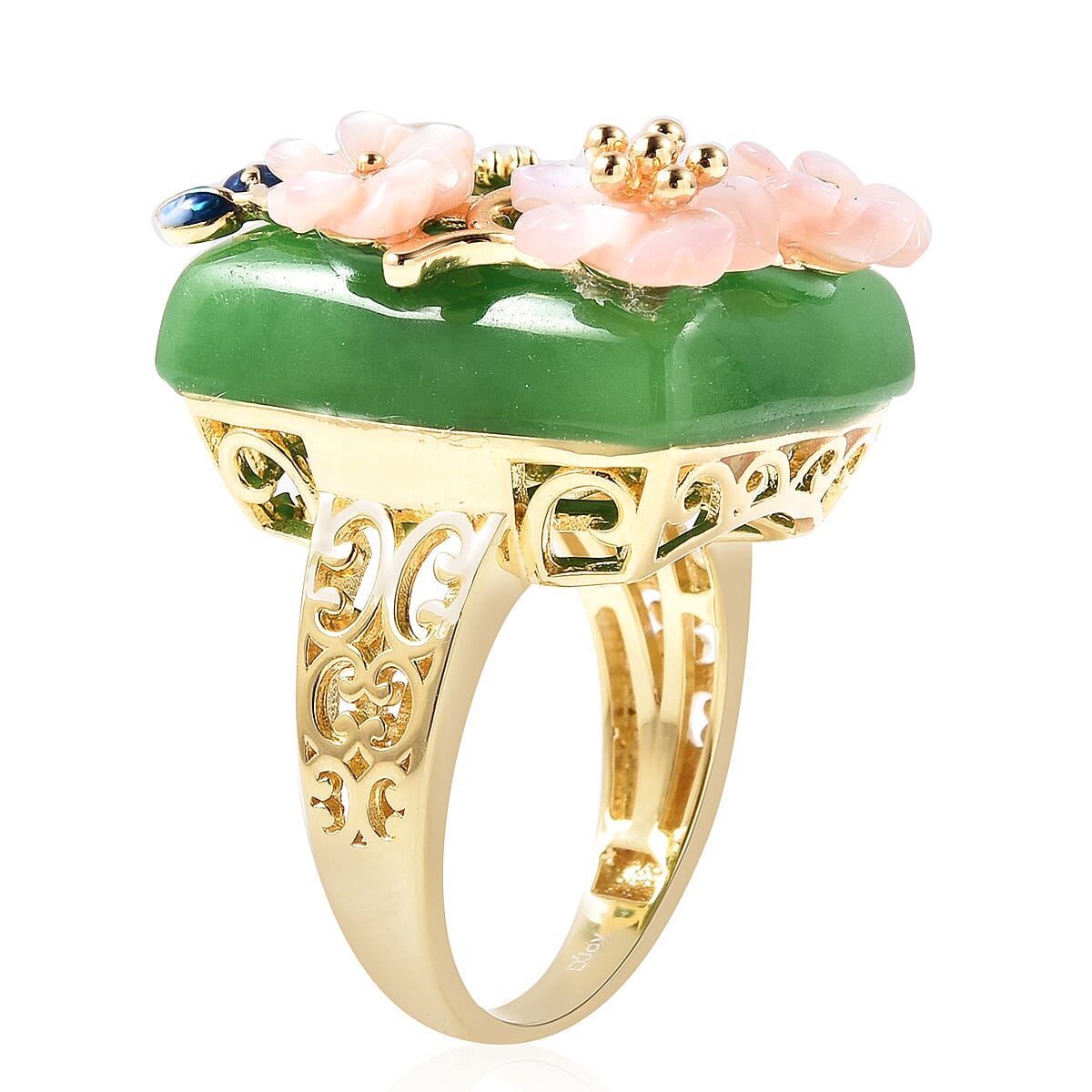 JARDIN COLLECTION Green Jade and Mother of Pearl Flower Ring in Vermeil Yellow Gold Over Sterling Silver (Size 10.0) 26.35 ctw image number 3