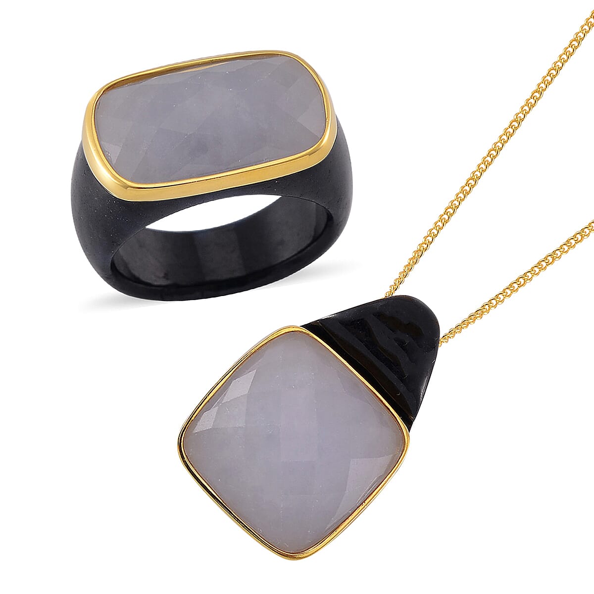 Carved and Faceted Natural Jade and Black Jade (D) 147.25 ctw Band Ring Size 8 and Pendant Necklace 18 Inches in Vermeil Yellow Gold Over Sterling Silver  image number 0