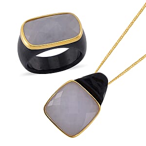 Carved and Faceted Natural Jade and Black Jade (D) 147.25 ctw Band Ring Size 8 and Pendant Necklace 18 Inches in Vermeil Yellow Gold Over Sterling Silver 