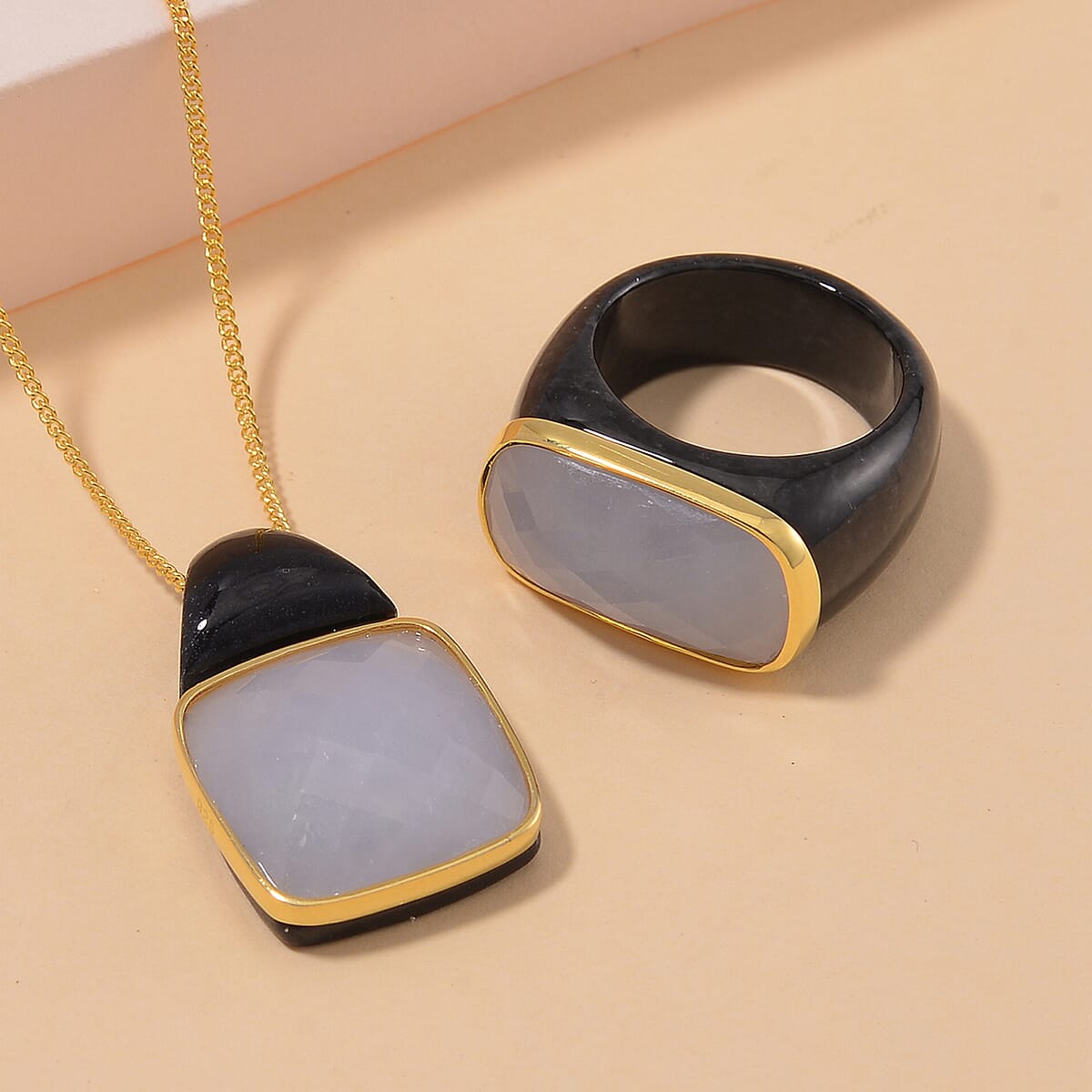 Carved and Faceted Natural Jade and Black Jade (D) 147.25 ctw Band Ring Size 8 and Pendant Necklace 18 Inches in Vermeil Yellow Gold Over Sterling Silver  image number 1