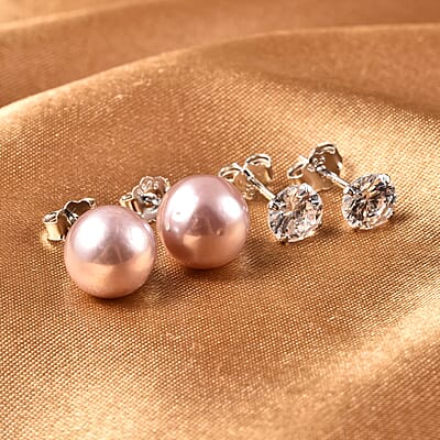 Set of 2 Purple Anhui Freshwater Cultured Pearl and Simulated Diamond Earrings in Rhodium Over Sterling Silver 1.50 ctw