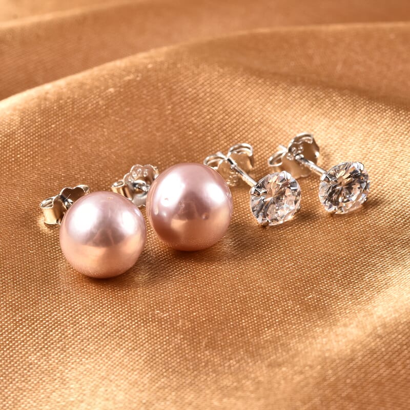 Set of 2 Purple Anhui Freshwater Cultured Pearl and Simulated Diamond Earrings in Rhodium Over Sterling Silver 1.50 ctw
