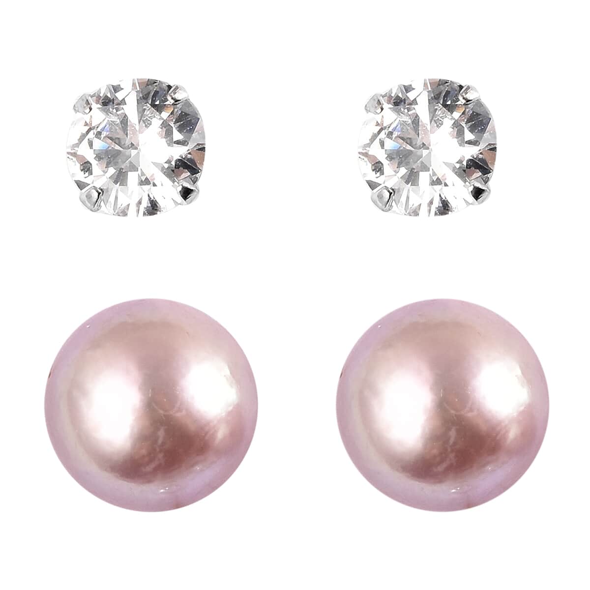 Set of 2 Purple Anhui Freshwater Cultured Pearl, Simulated Diamond Solitaire Stud Earrings in Rhodium Over Sterling Silver 1.50 ctw image number 2