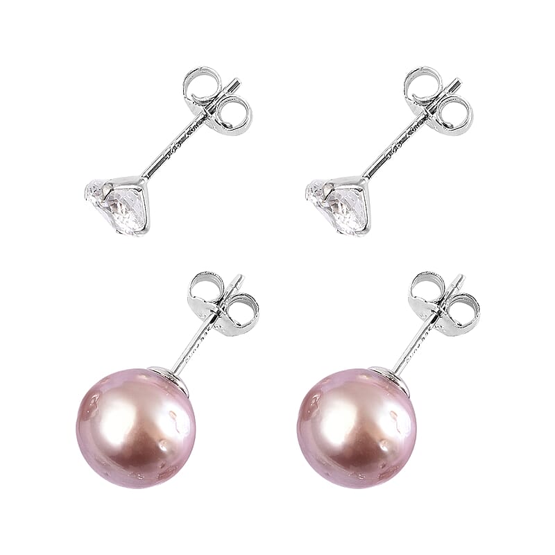 Set of 2 Purple Anhui Freshwater Cultured Pearl and Simulated Diamond Earrings in Rhodium Over Sterling Silver 1.50 ctw