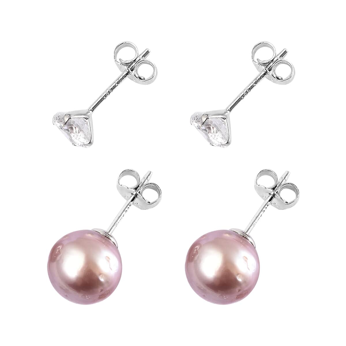 Set of 2 Purple Anhui Freshwater Cultured Pearl, Simulated Diamond Solitaire Stud Earrings in Rhodium Over Sterling Silver 1.50 ctw image number 3