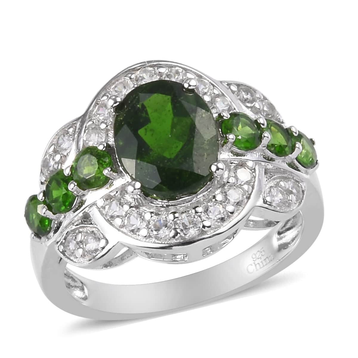 Chrome Diopside and White Zircon Ring in Platinum Over Sterling Silver (Size 8.0) 4.00 ctw image number 0