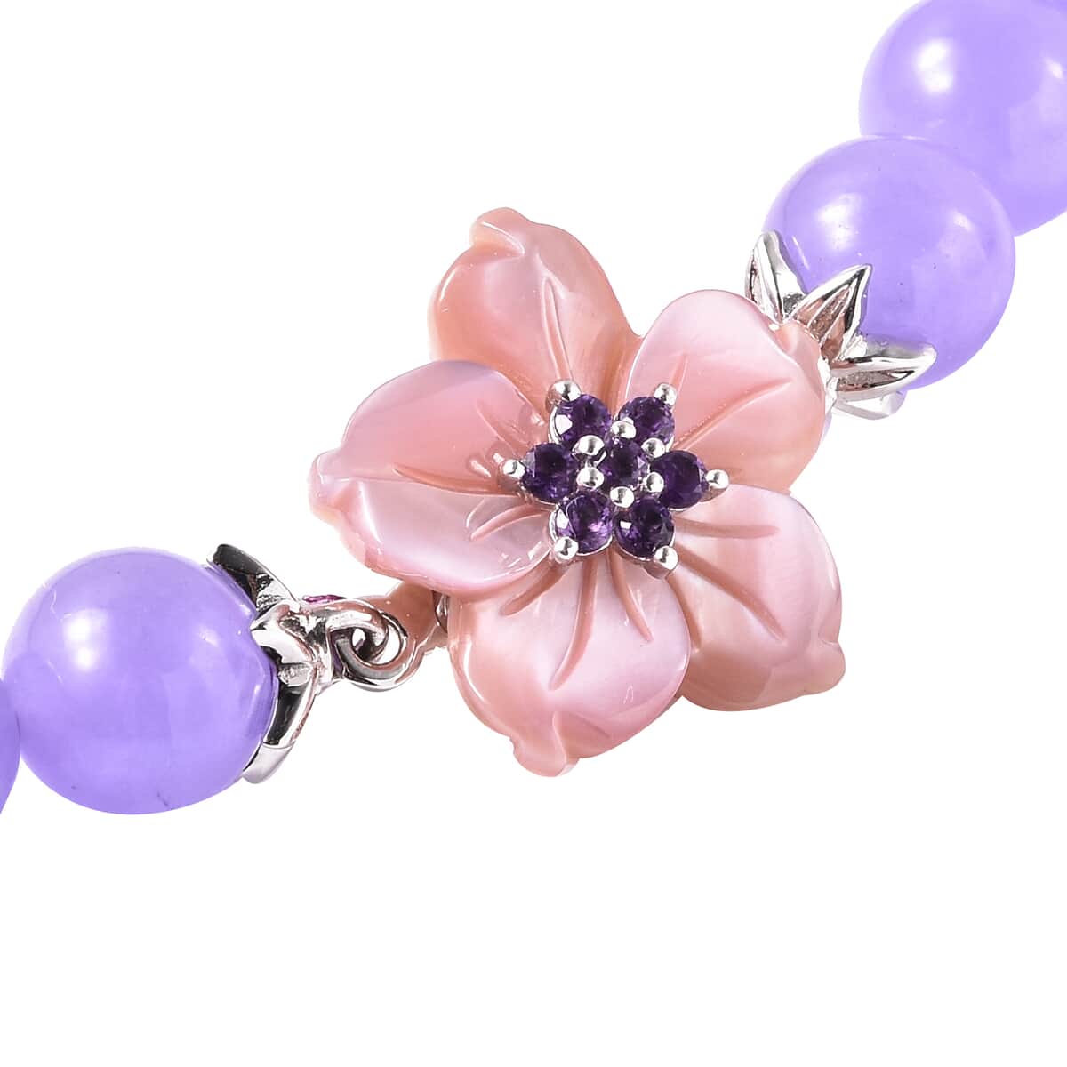 Jardin Collection Mother of Pearl, Purple Jade (D) and Amethyst Carved Flower Charm Beaded Necklace 20 Inch in Sterling Silver 273.50 ctw image number 3