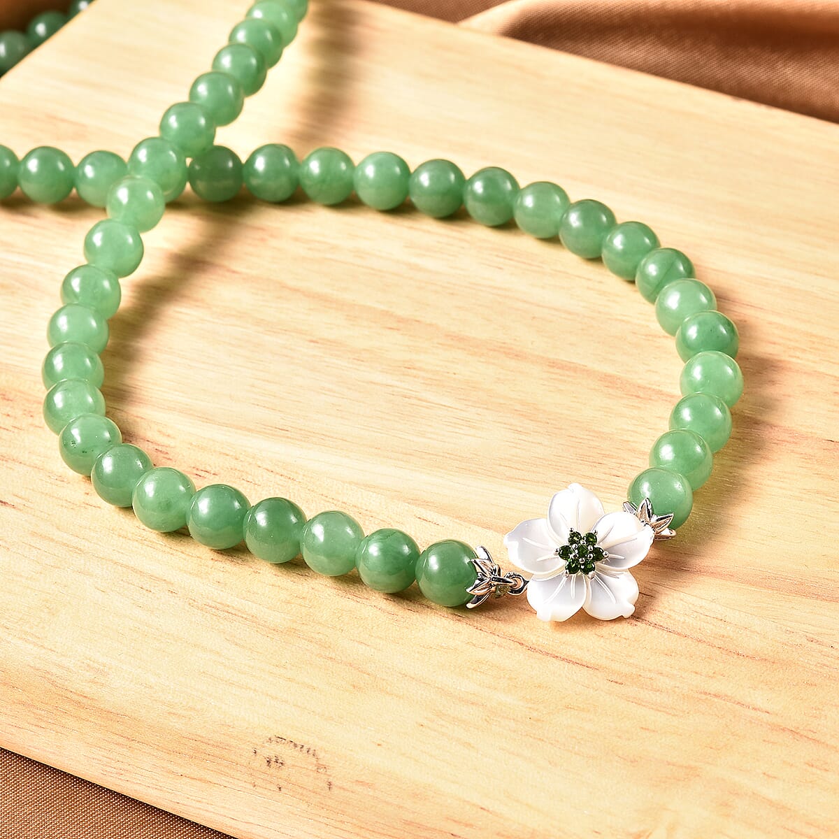 JARDIN COLLECTION Mother of Pearl, Green Jade and Natural Chrome Diopside Carved Flower Charm Beaded Necklace 18 Inch in Sterling Silver 276.20 ctw image number 1