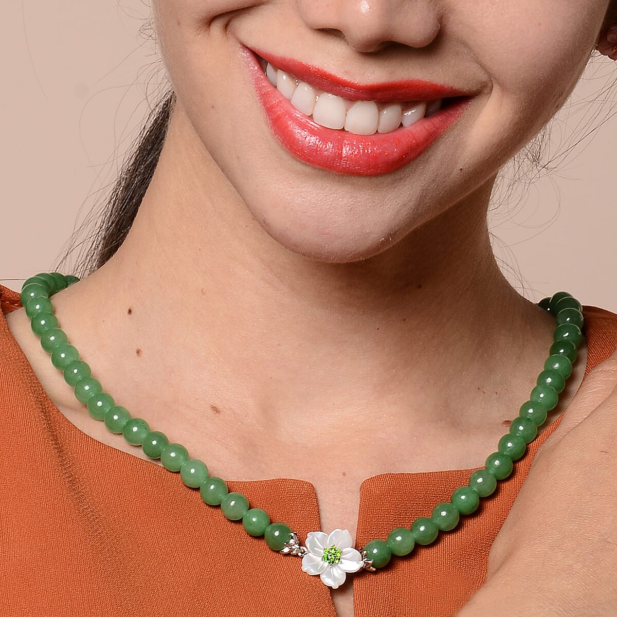 JARDIN COLLECTION Mother of Pearl, Green Jade and Natural Chrome Diopside Carved Flower Charm Beaded Necklace 18 Inch in Sterling Silver 276.20 ctw image number 2