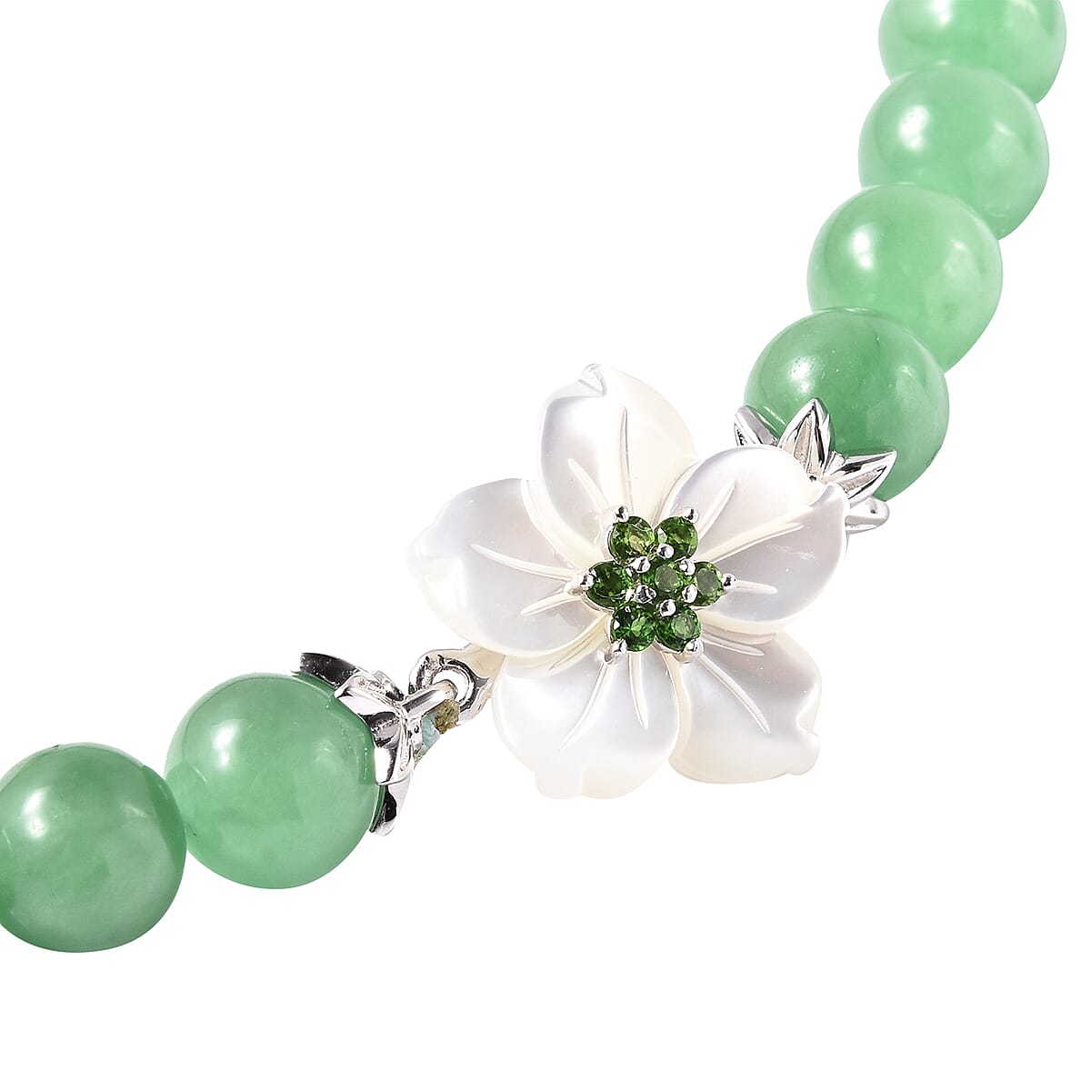 JARDIN COLLECTION Mother of Pearl, Green Jade and Natural Chrome Diopside Carved Flower Charm Beaded Necklace 18 Inch in Sterling Silver 276.20 ctw image number 3