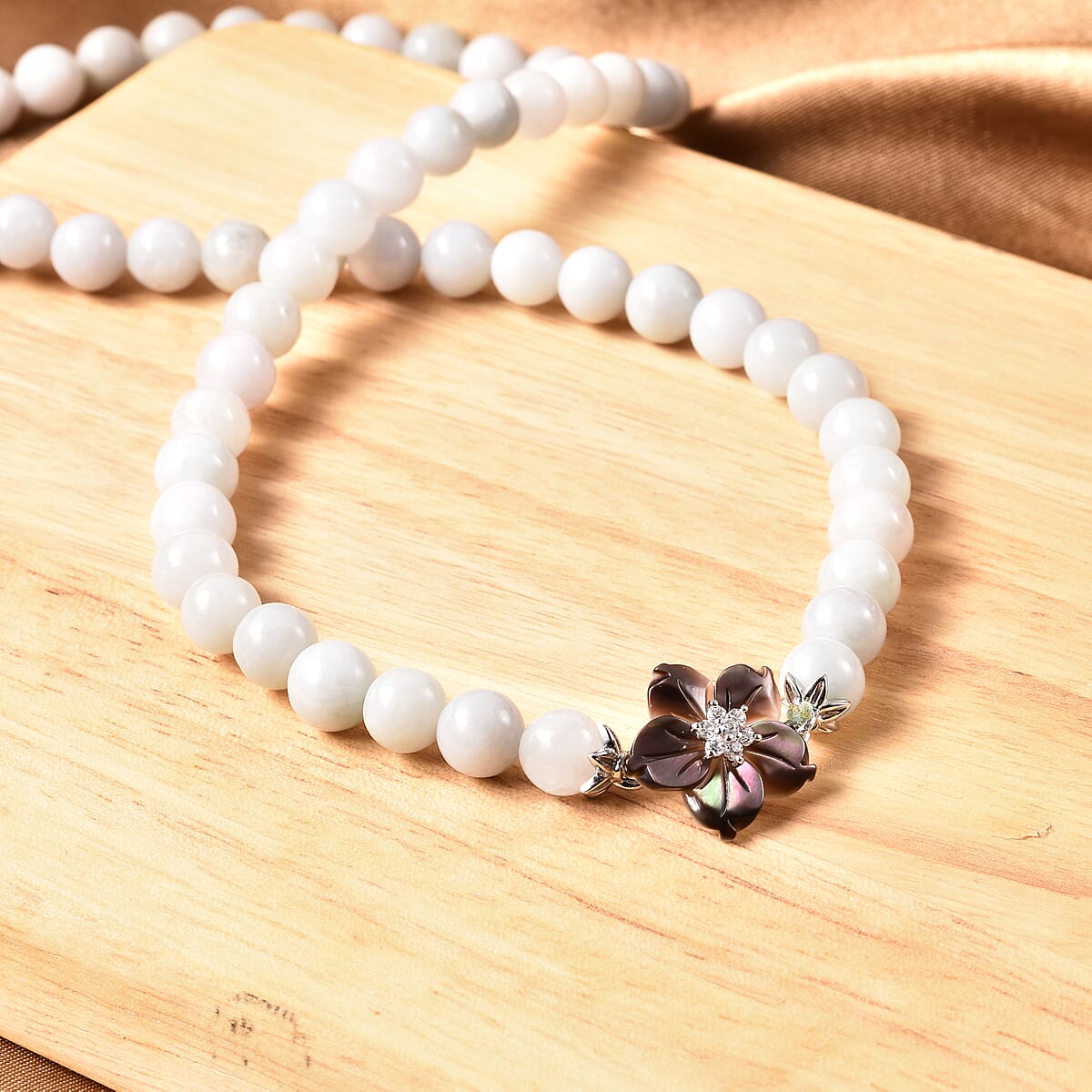 Jardin Collection Mother of Pearl, Natural Jade and White Zircon Carved Flower Charm Beaded Necklace 20 Inches in Sterling Silver 275.25 ctw image number 1